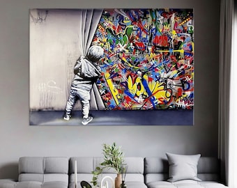 Banksy achter het gordijn Canvas Print, Banksy Wall Art, Living Room Decor, Kids Graffiti Wall Art, Urban Canvas Print, Extra Large Wall Art