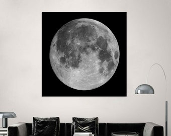 Arte de luna llena, impresión en lienzo moderna, decoración de sala de estar, arte de pared en blanco y negro, impresión de luna, arte de pared en lienzo extragrande