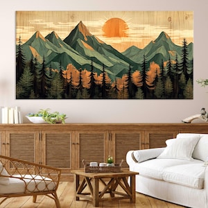 Art mural bois, montagne, toile murale, décoration de salon, impression sur toile texture bois, art mural montagne abstrait, très grande oeuvre d&#39;art mural