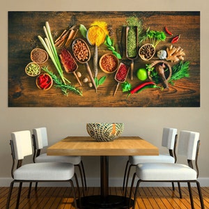 Lienzo de arte de pared de especias de cocina, impresión de hierbas y especias, decoración de la pared de la cocina, arte de la pared de la cocina grande, impresión de lienzo de especias de cuchara