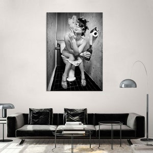 Girl on Toilet Drinking Canvas Print, Woman Wall Art, Living Room Decor, Black White Canvas Print, Extra Large Wall Art Canvas