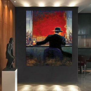 Vintage Man Canvas Wall Art, Modern Print, Livingroom Wall Art, Man in Cigarette Bar Canvas Print, Extra Large Wall Art, Coffee Bar Decor