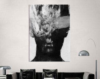 Abstract Face Art Canvas, Black and White Wall Art Living Room Decor, Abstract Portrait Print, Extra Large Wall Art Canvas