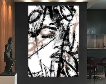 Abstract Face Art Canvas, Woman Wall Art Living Room Decor, Abstract Portrait Print, Extra Large Wall Art Canvas