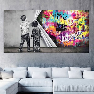 Banksy Hinter dem Vorhang - Leinwand, moderne Street Art, Wohnzimmer Dekor, Urban Graffiti Leinwand, Kunst