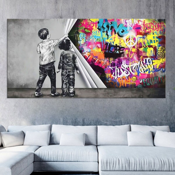 Banksy Behind the Curtain Canvas Wall Art, Modern Street Art, Living Room Decor, Urban Graffiti Canvas Print, Extra Large Wall Art