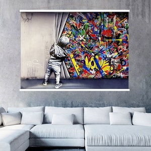 Banksy Behind the Curtain Canvas Print, Banksy Wall Art Hanger, Living Room Decor, Kids Graffiti Art Canvas Hanging, Extra Large Wall Art