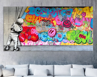 MAMAGO Banksy Graffiti-Wandbild – 3-teilig, 183x91 Cm, Leinwand Auf Holzrahmen, Fertig Zum Aufhängen