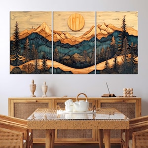 Art mural bois, montagne, toile murale, décoration de salon, impression sur toile texture bois, art mural montagne abstrait, très grande oeuvre d&#39;art mural