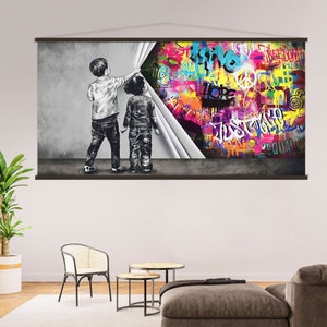 Banksy Behind the Curtain Canvas Print, Banksy Wall Art Hanger, Living Room Decor, Kids Graffiti Art Canvas Hanging, Extra Large Wall Art