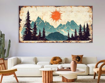 Mountain Wall Art Canvas Wall Art Living Room Decor, Vintage Print on Canvas Landscape, Abstract Mountain Wall Art, Oversized Wall Art