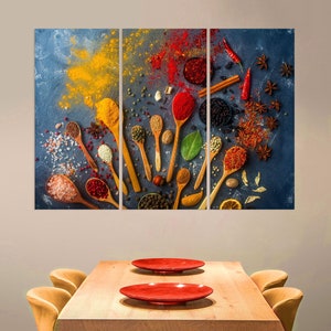 Canvas Wall Art 3-teilig, Gewürz auf Leinwand, Kräuter und Gewürze Druck, Küchendekoration, Große Küche Leinwand Wand Kunst 3-teilig, Löffel Gewürz Leinwand Druck