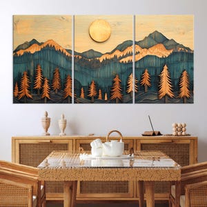 Art mural bois, montagne, toile murale, décoration de salon, impression sur toile texture bois, art mural montagne abstrait, très grande oeuvre d&#39;art mural