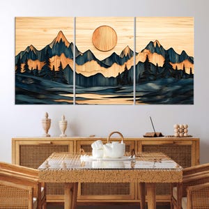 Art mural bois, montagne, toile murale, décoration de salon, impression sur toile texture bois, art mural montagne abstrait, très grande oeuvre d&#39;art mural