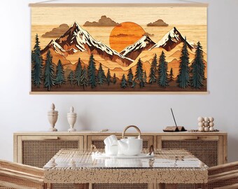 Houten wanddecoratie, rustieke bergwanddecoratie, canvasprint, minimalistische natuurwanddecoratie voor de woonkamer, grote wanddecoratie
