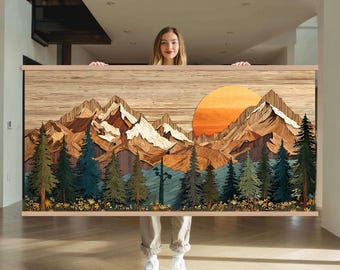 May include: Wooden wall art depicting a mountain landscape with a setting sun. The artwork features detailed layers of wood, creating a 3D effect. The color palette includes shades of brown, orange, green, and blue, with a natural wood frame.