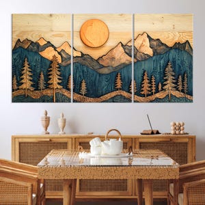 Art mural bois, montagne, toile murale, décoration de salon, impression sur toile texture bois, art mural montagne abstrait, très grande oeuvre d&#39;art mural