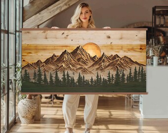 Houten wanddecoratie, rustieke bergwanddecoratie, canvasprint, minimalistische natuurwanddecoratie voor de woonkamer, grote wanddecoratie