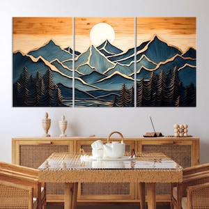 Art mural bois, montagne, toile murale, décoration de salon, impression sur toile texture bois, art mural montagne abstrait, très grande oeuvre d&#39;art mural