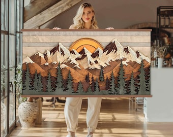 Wood Wall Art Mountain Canvas Wall Art Hanger, Wood Texture Canvas Print, Abstract Mountain Wall Art Living Room, Extra Large Wall Art