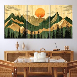 Art mural bois, montagne, toile murale, décoration de salon, impression sur toile texture bois, art mural montagne abstrait, très grande oeuvre d&#39;art mural