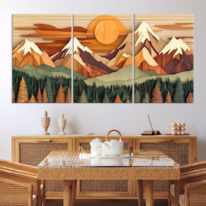 Art mural bois, montagne, toile murale, décoration de salon, impression sur toile texture bois, art mural montagne abstrait, très grande oeuvre d&#39;art mural