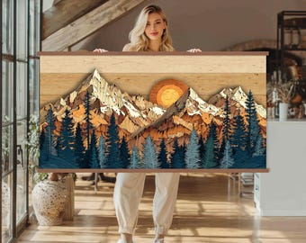 Houten wanddecoratie met bergmotief, canvasprint, minimalistische natuurdecoratie voor de woonkamer, grote wanddecoratie
