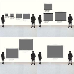 May include: A display of various-sized gray projection screens, each with black borders and a white top. Sizes range from 12x8 inches to 79x56 inches. Silhouettes of people are included for scale.