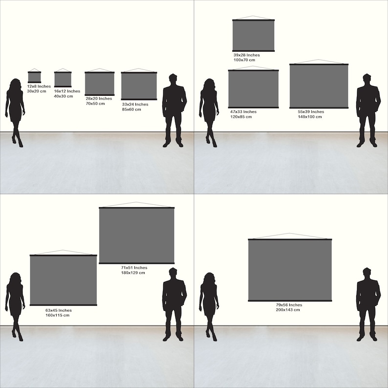 May include: A display of various-sized gray projection screens, each with black borders and a white top. Sizes range from 12x8 inches to 79x56 inches. Silhouettes of people are included for scale.