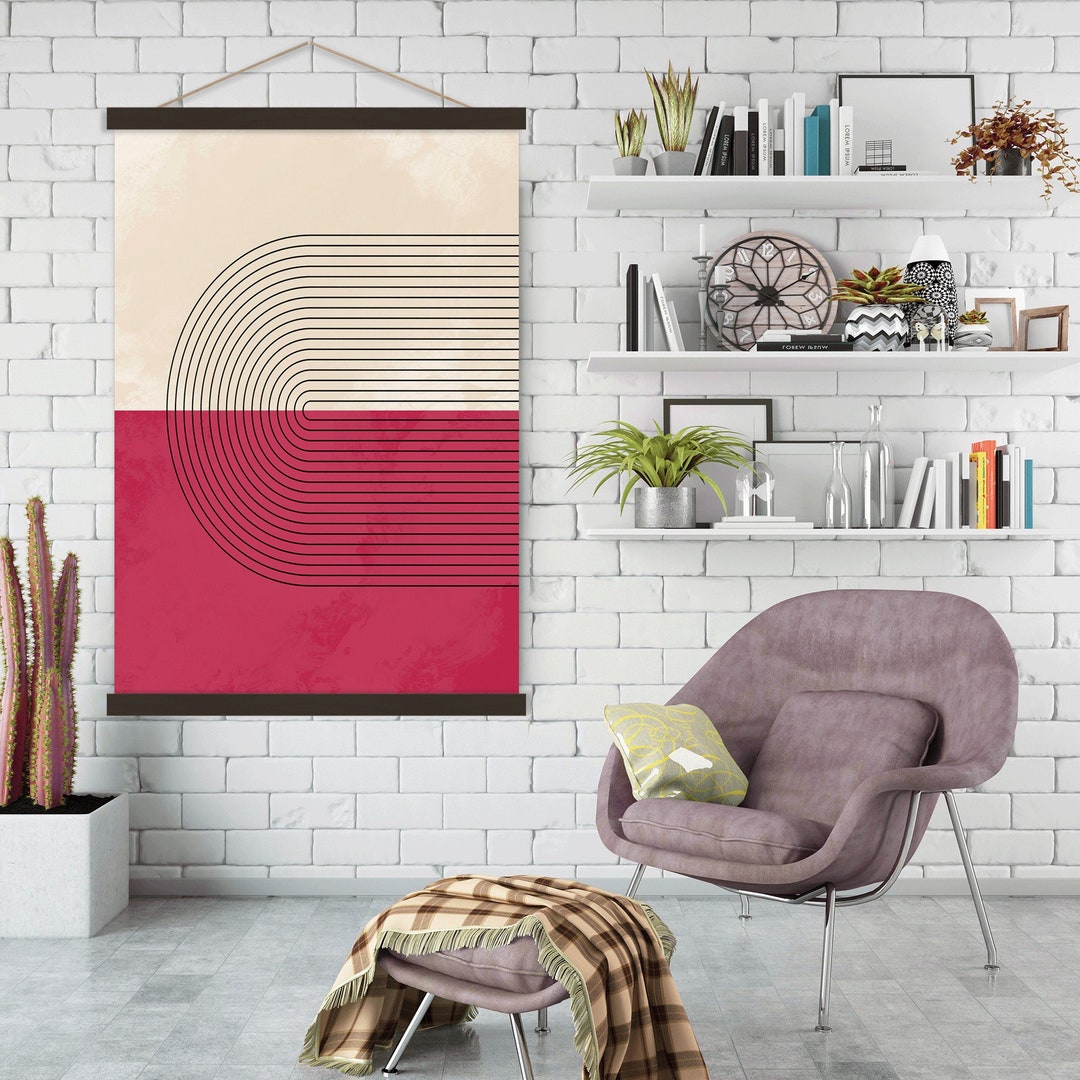 Mid Century Modern Boho Wall Art, Neutral Canvas Print Hangers, Large