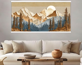 Wood Wall Art Mountain Canvas Wall Art, Wood Texture Effect Canvas Print, Abstract Mountain Wall Art Living Room, Extra Large Wall Art