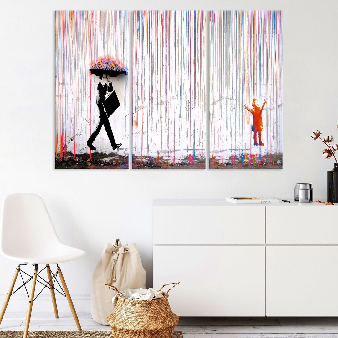 Banksy Canvas Wall Art, Banksy Rainbow Rain, Living Room Decor ...