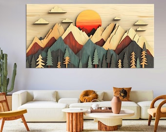 Wood Mountain Wall Art Canvas Wall Art Living Room Decor, Wood Texture Canvas Print, Abstract Mountain Wall Art, Extra Large Wall Art