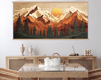 Wood Wall Art Mountain Canvas Wall Art Hanger, Wood Texture Canvas Print, Abstract Mountain Wall Art Living Room, Extra Large Wall Art