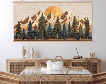Houten wanddecoratie, rustieke bergwanddecoratie, canvasprint, minimalistische natuurwanddecoratie voor de woonkamer, grote wanddecoratie