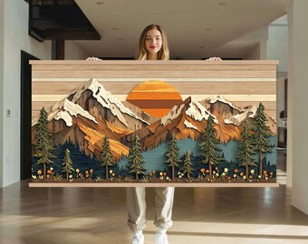 Houten wanddecoratie, rustieke bergwanddecoratie, canvasprint, minimalistische natuurwanddecoratie voor de woonkamer, grote wanddecoratie