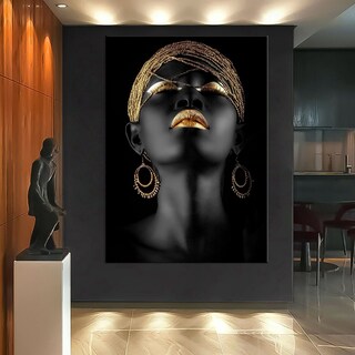 SiMiWOW Quadro Su Tela – Donna Africana – Stampa Moderna Nero E Oro – 61x91 Cm Incorniciato
