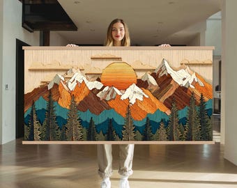 Wood Wall Art Mountain Canvas Wall Art, Wood Texture Effect Canvas Print, Abstract Mountain Wall Art Living Room, Extra Large Wall Art