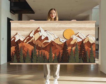 Wood Wall Art Mountain Canvas Wall Art Hanger, Wood Texture Canvas Print, Abstract Mountain Wall Art Living Room, Extra Large Wall Art