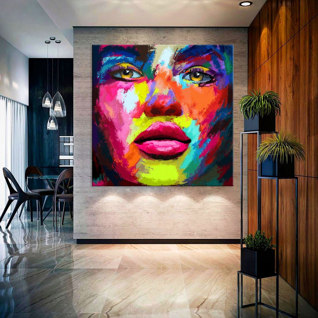 Abstract Face Art Canvas, Woman Wall Art Living Room Decor, Colorful