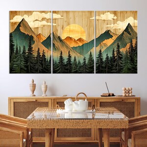 Art mural bois, montagne, toile murale, décoration de salon, impression sur toile texture bois, art mural montagne abstrait, très grande oeuvre d&#39;art mural