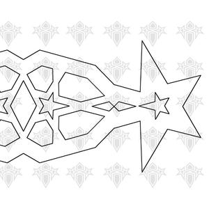 Può includere: Un design geometrico in bianco e nero con forme di stelle e diamanti. Il motivo simmetrico presenta grandi forme di stelle a ciascuna estremità e stelle e diamanti più piccoli al centro.