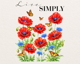 Live Simply PNG, rode klaproos bloemen vlinder clipart, inspirerende bloem (digitale download)