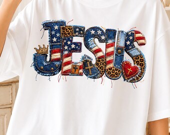 Jesus-patchwork, png, Americana Faith-ontwerp, denimkruiskunstwerk, christelijke sublimatie