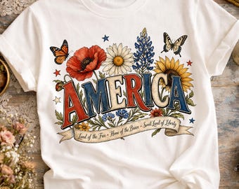 Bloemen Amerika png, ontwerp patriottische wilde bloemen, retro VS-sublimatie, Fourth of July-shirtafbeelding