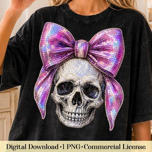 Girly Goth Skull PNG, Holographic Bow Halloween, Faux Sequin Gothic, Sublimation Design