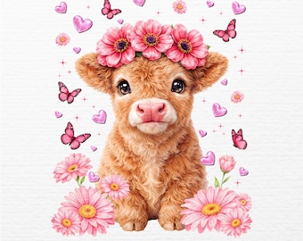 Bloemen hooglandkoe png, roze vlinder clipart (digitale download)
