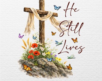 He Still Lives Cross, bloemen christelijke png-afbeelding (digitale download)