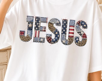 Jesus-denim, png, christelijke boetiekkunst, patchwork Faith-ontwerp, Americana-stijl