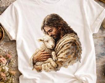 Jezus goede herder, png, christelijk geloof ontwerp, Jezus met lam, religieuze shirtafbeelding